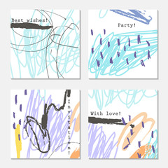 Abstract doodles scribbles marks blue purple gray on cream