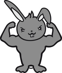 posen böse cool muskeln training stark bodybuilder stehend freundlich begrüßen kaninchen hase klein süß niedlich glücklich