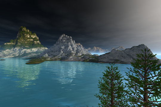 Coniferous trees and blue waters, an alpine landscape, is an afternoon view on the lake.