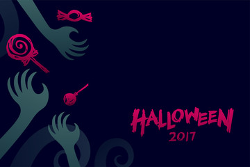 Halloween 2017 background template set, devil monster hand with candy concept design and halloween 2017 text illustration isolated on dark blue background, with copy space