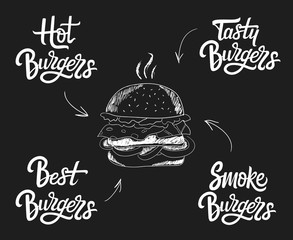 Vector hand drawn burger logo lettering set. Hand lettering burger logo design concept. 