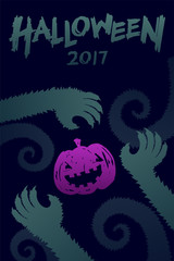 Halloween 2017 background template set, werewolves monster hand with pumpkin concept design and halloween 2017 text illustration isolated on dark blue background, with copy space