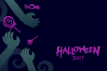 Obraz premium Halloween 2017 background template set, werewolves monster hand with candy concept design and halloween 2017 text illustration isolated on dark blue background, with copy space