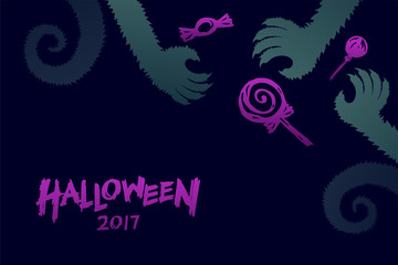 Halloween 2017 background template set, werewolves monster hand with candy concept design and halloween 2017 text illustration isolated on dark blue background, with copy space