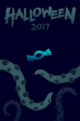 Halloween 2017 background template set, kraken monster tentacles with toffee candy concept design and halloween 2017 text illustration isolated on dark blue background, with copy space