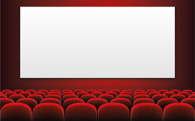 Rows of red cinema or theater seats in front of white blank screen - stock vector.