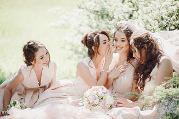 Beautiful bride and bridesmaids sit on the lawn - obrazy, fototapety, plakaty