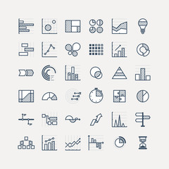 Business data market elements dot pie bar charts diagrams and graphs flat icons set. Statistic and data, information infographic. Vector illustration.