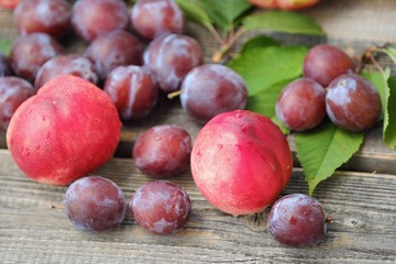 Fresh plums and peaches on wooden background 