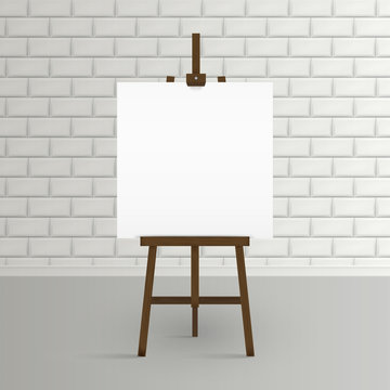 Blank canvas on a artist' easel. Blank art board and wooden ease.l Easel with blank canvas on a brick wall background Vector illustration.
