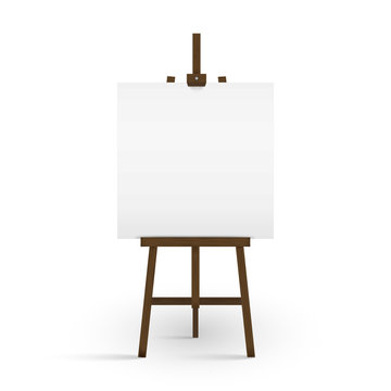 Blank canvas on a artist' easel. Blank art board and wooden easel isolated on white background. Vector illustration.