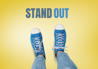 Stand out text and Blue shoes on feet with yellow background