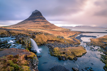 Iceland Kirkjufellsfoss waterfall and Kirkjufell mountain