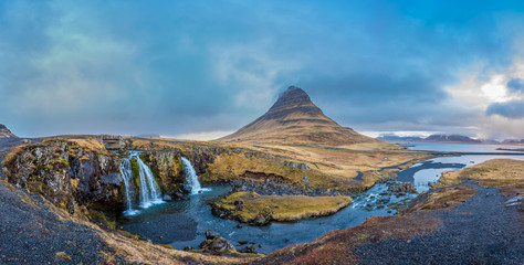 Iceland Kirkjufellsfoss waterfall and Kirkjufell mountain