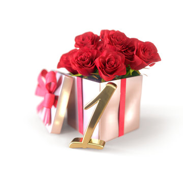 birthday concept with red roses in gift isolated on white background. first .1st. 3D render