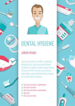 Medical teeth hygiene leaflet A4 and banners template design vector with tools and equipment on blue background. Take care teeth.