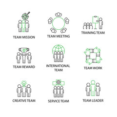 Modern Flat thin line Icon Set in Concept of Team Management with word Team mission,Team Meeting,Training  Team,Team Reward,International Team,Team work,Service Team,Team Leader.Editable Stroke.