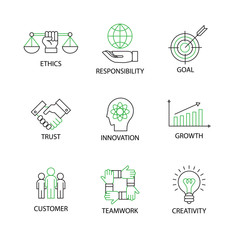 Modern Flat thin line Icon Set in Concept of Business Core Values with word Ethics,Responsibility,Goal,Trust,Innovation,Growth,Customer,Teamwork,Creativity.Editable Stroke.