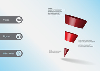 3D illustration infographic template with sloping triangle horizontally divided to three red slices