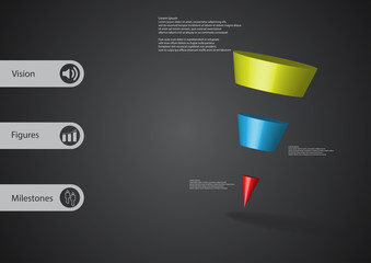 3D illustration infographic template with sloping triangle horizontally divided to three color slices