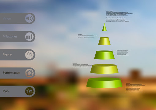 3D illustration infographic template with triangle horizontally divided to five green slices