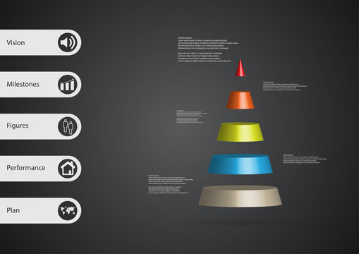 3D illustration infographic template with triangle horizontally divided to five color slices
