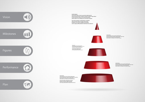 3D illustration infographic template with triangle horizontally divided to five red slices