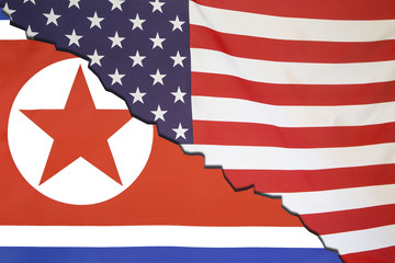 North Korea breaks with USA, flag concept