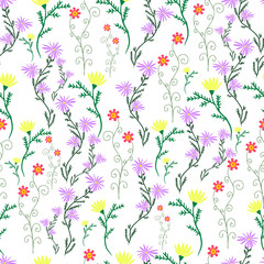 Fototapeta na wymiar Summer, delicate, wild flowers, pastel color, floral seamless pattern. Vector hand drawn illustration