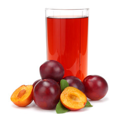 fresh plum fruit with juice isolated on white background