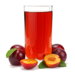 fresh plum fruit with juice isolated on white background