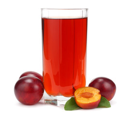 fresh plum fruit with juice isolated on white background