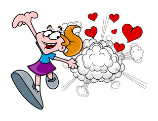 Happy Cartoon Girl - Explosion Hearts Vector