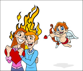 Romantic Couple with Cupid Character