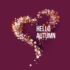 Hello autumn title texts poster design with frame flowers heart shaped. Fall background. Vector illustration