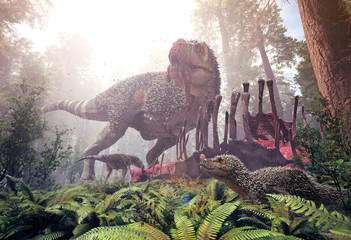 3D rendering of a Tyrannosaurus Rex and its young feeding from an Alamosaurus carcass. © Herschel Hoffmeyer