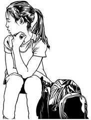 Sitting Young School Girl with Backpack on Ground - Black and White Drawing Illustration 