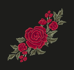 Embroidered red flowers. Roses and leaves.  Fashion design. Vector floral print.