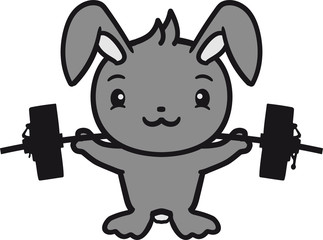 muskeln training stark gewicht heben bodybuilder stehend freundlich begr&uuml;&szlig;en kaninchen hase klein s&uuml;&szlig; niedlich gl&uuml;cklich