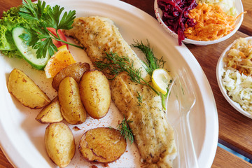 Fish dish - traditional Baltic fried cod fish served with baked potatoes and vegetables.