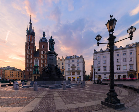 Purple sunrise in the main square of Krakow