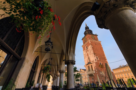 View on the town hall tower  in summer morning. Krakow