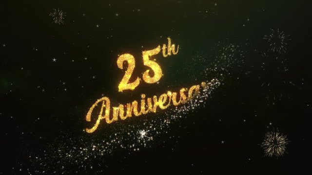 25th Anniversary Greeting Text Made from Sparklers Light Dark Night Sky With Colorfull Firework.
