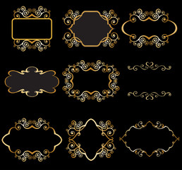 Set of gold linear frame for graphic design on black background. Elegant graceful frame, filigree border in vintage style for wedding invitations, card, logo, icon