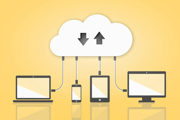Upload Download Cloud Computing Flat Vector Illustration on Yellow Background