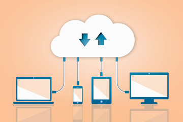 Upload Download Cloud Computing Flat Vector Illustration on Orange Background
