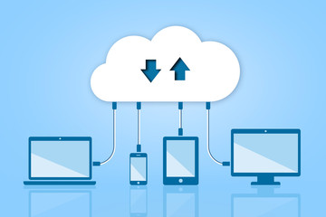 Upload Download Cloud Computing Flat Vector Illustration on Blue Background