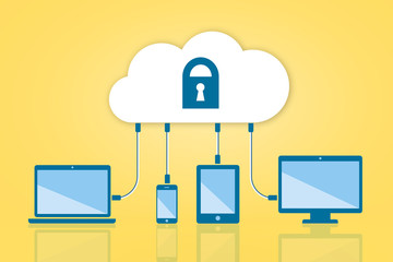 Security Cloud Computing Flat Vector Illustration on Yellow Background