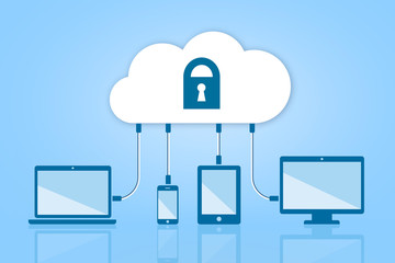 Security Cloud Computing Flat Vector Illustration on Blue Background