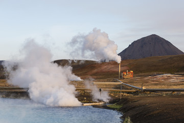 Fototapeta premium Geothermal Power Station and Bright Turquoise Lake in Iceland